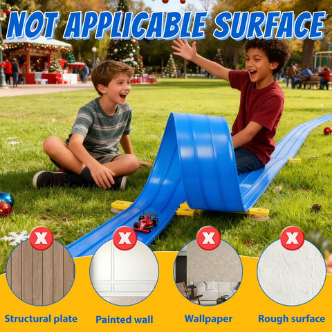 Kids playing with Epic 20 Ft Flexible Race Track Set For Kids with 3 Lane Ramp 6 Race Cars on grass surface, blue track visible