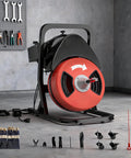 Heavy Duty Electric Drain Snake Auger Auto Feed Sewer Cleaner with 50ft steel cable and accessories for tough blockages.