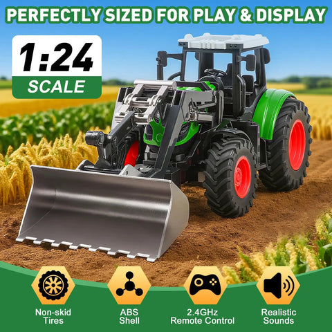 Remote Control Tractor Toy One Twenty Fourth Scale For Kids Ages 3 To 9 with bucket attachment on farmland