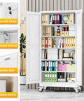 Heavy Duty Metal Garage Storage Cabinet On Wheels With Lockable File Cabinets, Two Doors And Five Adjustable Shelves, 74 Inch Tall Tool Cabinet For Home Office Or Warehouse, Easy Assembly, White open with binders