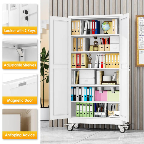 Heavy Duty Metal Garage Storage Cabinet On Wheels With Lockable File Cabinets, Two Doors And Five Adjustable Shelves, 74 Inch Tall Tool Cabinet For Home Office Or Warehouse, Easy Assembly, White open with binders