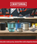 Various filters for 9 Gallon Wet Dry Vac With 4 Point 25 Peak HP, Portable Shop Vacuum on wooden workbench in garage.