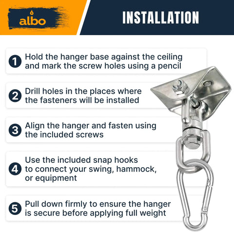 Heavy Duty Ceiling Mount Bracket With 360 Degree Swivel And Locking Carabiner, 2650 Lbs Capacity, For Hammock Chair, Porch Swing, Yoga Swing, Punching Bag, Wood Beam And Concrete Installation