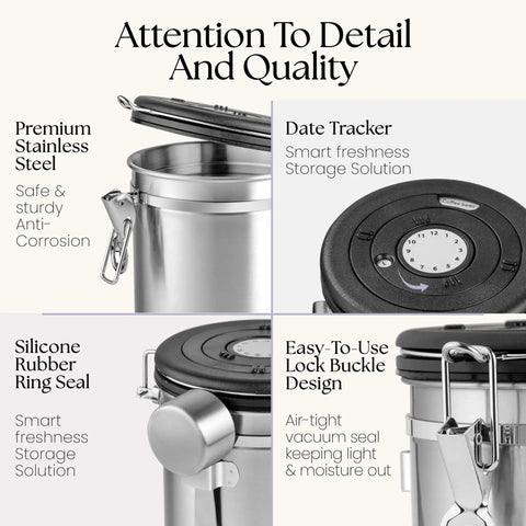 16 Ounce Stainless Steel Coffee Canister With Scoop For Fresh Beans, Airtight Storage With One Way CO2 Valve And Date Tracker Lid