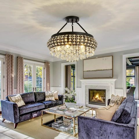 5 Light Black Crystal Round Chandelier Chic Modern Semi Flush Mount Ceiling Light Fixture in elegant living room
