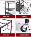 Three Tier Rolling Garage Storage System with side basket, removable hooks, and lockable wheels for sports gear and yoga mats.