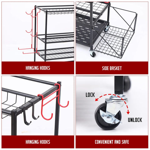 Three Tier Rolling Garage Storage System with side basket, removable hooks, and lockable wheels for sports gear and yoga mats.