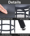 Details of Swivel Industrial Shop Stool with mesh storage, showing PU leather seat, metal frame, footrest, and padded feet.
