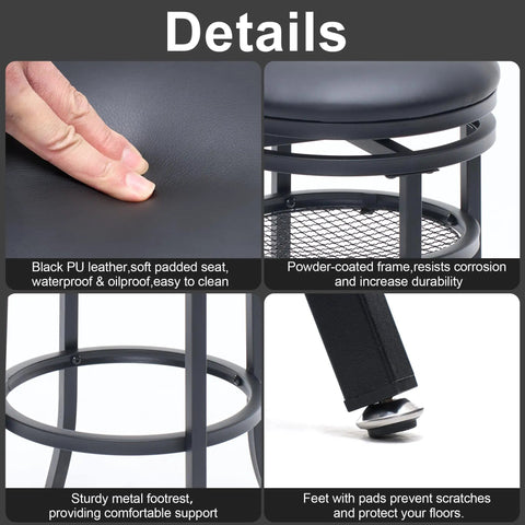Details of Swivel Industrial Shop Stool with mesh storage, showing PU leather seat, metal frame, footrest, and padded feet.