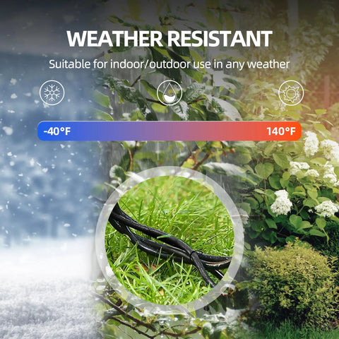 Outdoor Extension Cord With 1 To 3 Splitter Outlets, 25 Ft Waterproof Power Cord in garden, demonstrating weather resistance.