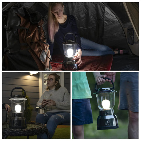 Battery Powered Camping Lantern With 550 Lumens, 360 Degree Light, 200 Hour Run Time On D Batteries, shown in various settings