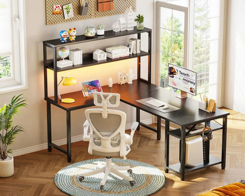 53 Inch L Shaped Gaming Desk With Hutch And Headphone Hook Corner Computer Table With Extra Storage Shelves