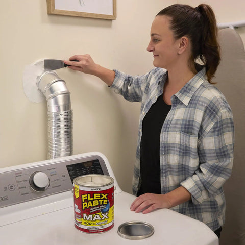 Waterproof Paintable Putty Sealant That Fills Gaps And Cracks In Walls Drywall Concrete EPDM Roofs And RVs Blocks Water And Air Like A Champ UV Resistant Easy To Paint White in use sealing wall gap near vent with woman applying it