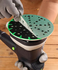 6 Inch Hard Sanding Pad With 17/48 Hole M8 Thread Back Up Pad for Festool ETS sander with hook and loop disc being applied