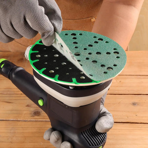 6 Inch Hard Sanding Pad With 17/48 Hole M8 Thread Back Up Pad for Festool ETS sander with hook and loop disc being applied