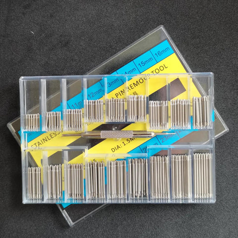 XinYunfan stainless steel watch band pins set, 360 pcs (8–25mm) with pin remover tool in clear plastic case