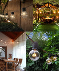 Outdoor string lights decoratively illuminating patio and garden areas in night settings, showcasing cozy atmospheres