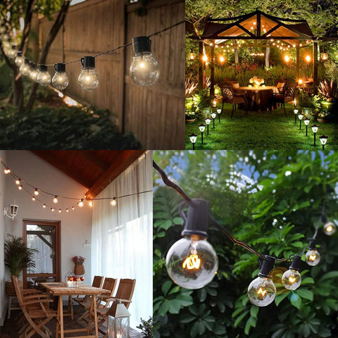 Outdoor string lights decoratively illuminating patio and garden areas in night settings, showcasing cozy atmospheres