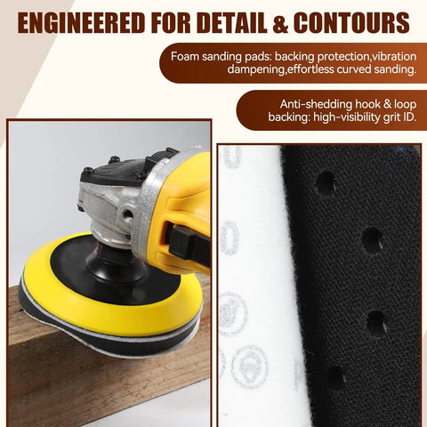 5 Inch Wet And Dry Sanding Discs Kit For Angle Grinder With Hook And Loop Backing Pad And 5/8-11 Threads, close-up on grinder