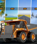 Remote Control Dump Truck With 360 Degree Rotation And Lights on different terrains: beach, grass, road, snow background.