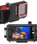 Front and back view of SportDiver Underwater Phone Housing For Depths Up To 130 Feet with camera display and controls.