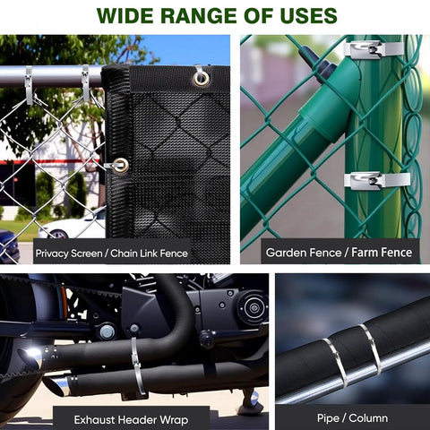Various uses of Heavy Duty 304 Stainless Steel Cable Tie Gun Kit With 100 Metal Zip Ties for fences, pipes, and exhaust wrap
