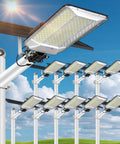 Heavy Duty Solar Street Light Outdoor, 55000Mah Battery, IP68 Waterproof Commercial Security Floodlight With Remote Control, showcasing multiple lights.