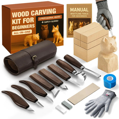 All In One Ultimate Starter Whittling Wood Carving Kit For Beginners with Eight Carving Knives, Wood Blocks, Glove, Roll Bag
