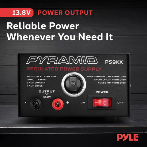 Front view of PS9KX Universal Compact Bench Power Supply 5 Amp Linear Regulated Benchtop Converter with control panel.