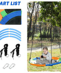 Kids 40 Inch Round Tree Swing Seat Multicolor Saucer Style Outdoor Swing For Backyard Play with parts and child swinging