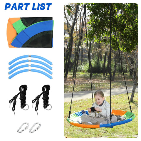 Kids 40 Inch Round Tree Swing Seat Multicolor Saucer Style Outdoor Swing For Backyard Play with parts and child swinging