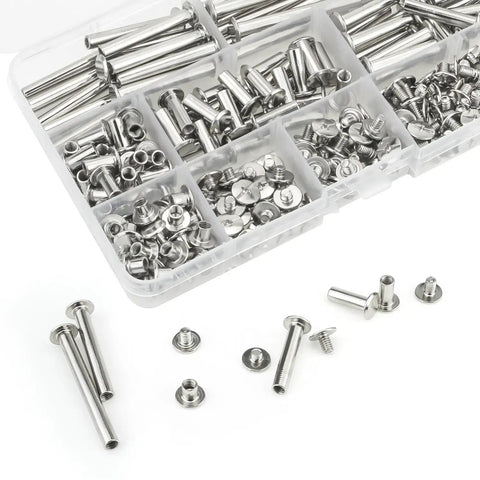 Kickass Chicago Screw Binding Kit With Nickel Plated Posts And Assorted Fasteners For Smooth Leather Crafting built in a clear organizer.