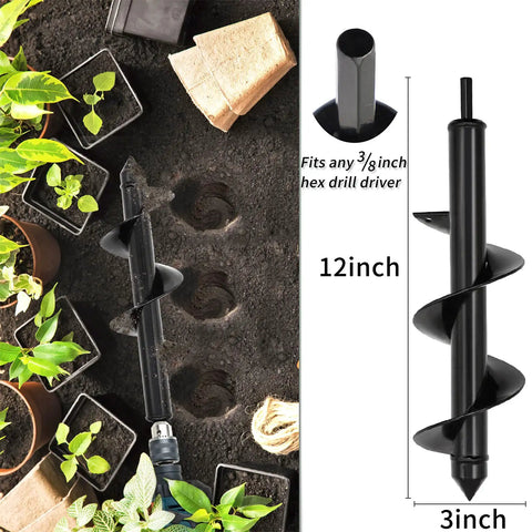 12 inch 3-inch diameter auger bit for gardening with visible use in soil, part of 4 Pack Garden Auger Drill Bits Set For Post Holes And Planting Bulbs And Trees Heavy Duty Steel Corrosion Resistant Spiral Bits 1.6x9 1.6x16.5 3x16.5 3x12 Built Tough For Fast Yard Work