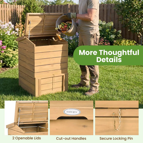 Solid Wood Compost Bin 48 Gallon Outdoor Bin With Lockable Sliding Door in garden setting with lids open and gas rods visible