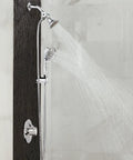 Brushed Nickel Shower Arm Diverter With Two Independent Outlets And One Shared Outlet Non Pivoting Design One Half Inch IPS Connection Durable Build That Lasts With A Lifetime Warranty installed in shower.