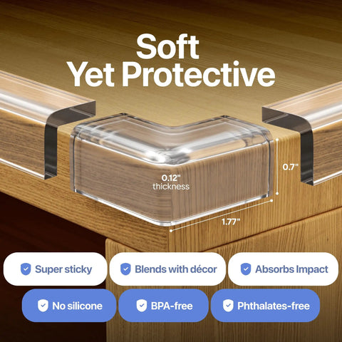 Hella Secure Baby Proofing Pack Featuring Clear Pvc Edge And Corner Guards Strong Peel Adhesive Wraps on wooden table corner.