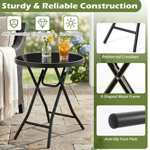 Compact Outdoor Folding Side Table With Tempered Glass Top And Heavy Duty Steel Frame For Backyard Hangouts showcasing stable design and drinks.