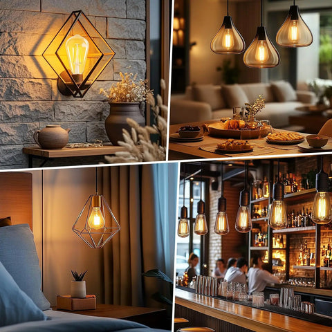 Four Pack LED Edison Bulbs 6W 750 Lumens 2700K Warm White, 83 Plus CRI, 60W Equivalent, ST58 Antique Filament, in various settings
