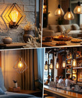 12 Pack LED Edison Filament Bulbs 6W 750 Lumens Equivalent To 60W 2700K in various lighting fixtures in home settings.