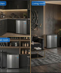 Compact Upright Freezer 1.1 Cubic Foot Stainless Steel Mini Cooler in kitchen and living room with modern decor.