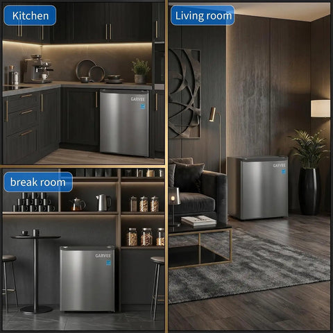 Compact Upright Freezer 1.1 Cubic Foot Stainless Steel Mini Cooler in kitchen and living room with modern decor.