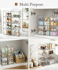 Eight Pack Clear Stackable Storage Drawers Hella Durable Water Resistant Desktop Organizer For Cosmetics And Craft Gear Helping You Keep Your Space Totally Snazzy organized with bottles and jars in various settings.