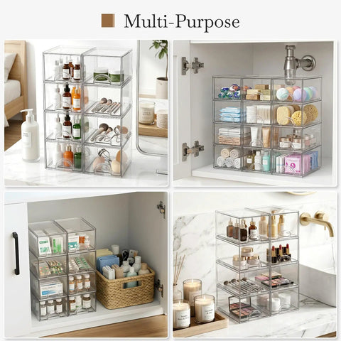 Eight Pack Clear Stackable Storage Drawers Hella Durable Water Resistant Desktop Organizer For Cosmetics And Craft Gear Helping You Keep Your Space Totally Snazzy organized with bottles and jars in various settings.