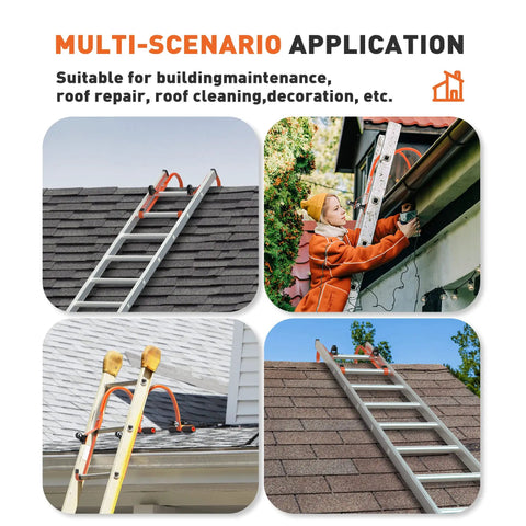 Ladder Roof Hook 2 Pack With Wheel Heavy Duty Steel Stabilizer shown in multi-scenario application on steep roofs.