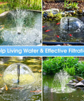 Solar Pond Filter Kit With 12W Panel And 160GPH Fountain Pump, outdoor filter operating in pond with clear water and fish