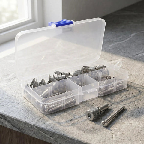Heavy Duty Zinc Alloy Drywall Anchor Kit With Self Drilling Screws 30 Pack, open plastic case with anchors and screws displayed