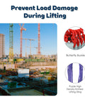 Construction site with Beefed Up Heavy Duty 10Ft Polyester Lifting Sling with G80 Hooks and Rings, showing butterfly buckle detail.