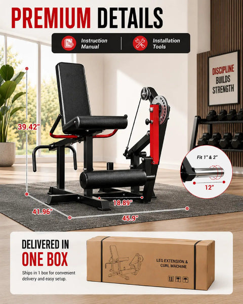 All In One Leg Extension And Curl Machine For Home Gym 700LB Capacity in a room highlighting dimensions and packaging.