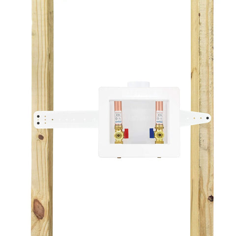Half Inch Crimp PEX Connection White Center Drain Washing Machine Outlet Box With Hammer Arrestors installed in frame