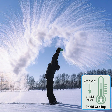 Person demonstrating the Totally Clutch Game Changer Portable Breast Milk Cooler With 360 Degree Chill Tech in snowy landscape.